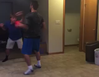 guy grey shirt boxing guy blue shirt and falls