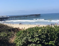 girl sees three surfers on the beach posing for a picture 
