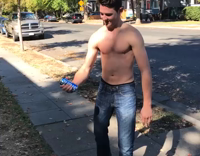 NSFW Shirtless guy cracks open can on head throws on orange hard hat and runs his head into stop sign