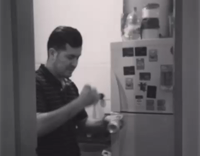 music guy opening beer with knife and drinking it