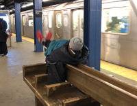 Red Shoe Guy Does Ab Workout Situps On Wood Subway Bench