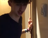 guy black shirt jumps on sleeping friend 