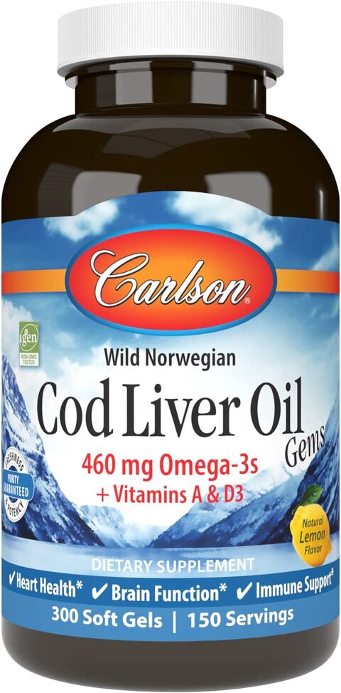 Carlson Cod Liver Oil, Lightly Lemon, 460 mg Omega-3S, Heart & Immune Health, 300 Soft Gels,0.00