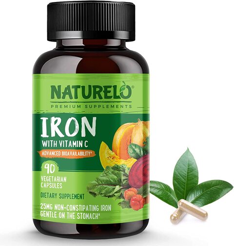 Naturelo Vegan Iron Supplement With Whole Food Vitamin C, Best Natural Iron Pills For Women & Men W/Iron Deficiency Including Pregnancy, Anemia And Vegan Diets, 90 Mini Capsules,0.00