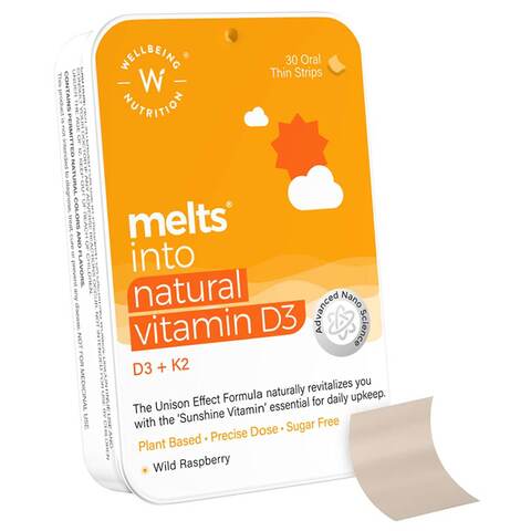 Wellbeing Nutrition Melts Into Natural Vitamin D3+K2 Oral Thin Strips Wild Raspberry Pack of 30,0.00