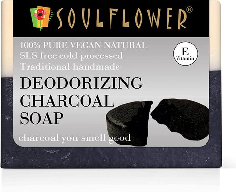 Soulflower Deodorizing Charcoal Soap With Activated Charcoal, Peppermint Oil, Tea Tree Oil, Vitamin E For Acne, Body Odour - 100% Pure, Natural, Organic, Cold Processed Handmade Soap - 150Gm/5.3Oz,0.00