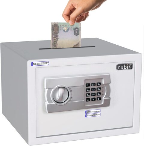 Rubik Drop Slot Safe Box with Digital Keypad and Key Lock A4 Document Size for Cash Deposit on Top Home Office (25x35x25cm) White,0.00