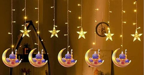 RAMADAN LIGHTING, 3.5m, LED Star Moon Curtain Decorative Lights, Window Curtain Fairy String Lights, Remote Control, for indoor, Home,0.00