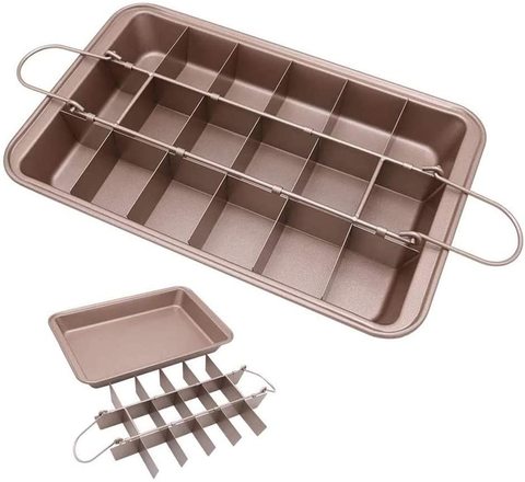 Generic Non Stick Brownie Pans With Dividers, Divided Brownie Baking Tray With Grips, For Oven Baking, Slice Solutions Cake Bakeware, Square Baking Pan With Built-In Slicer, 12 By 8 Inches, Champagne,0.00