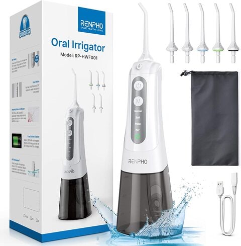 Renpho Oral Irrigator Cordless Water Flosser Rechargeable, 300ml Waterproof Dental Flosser Water Pick For Teeth Portable Teeth Cleaning Kit With 4 Modes For Travel, Household,0.00