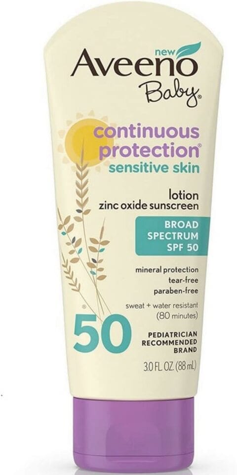 Aveeno Baby Continuous Protection Sensitive Skin Lotion Zinc Oxide Sunscreen SPF 50 3 OZ (Pack Of 2),0.00