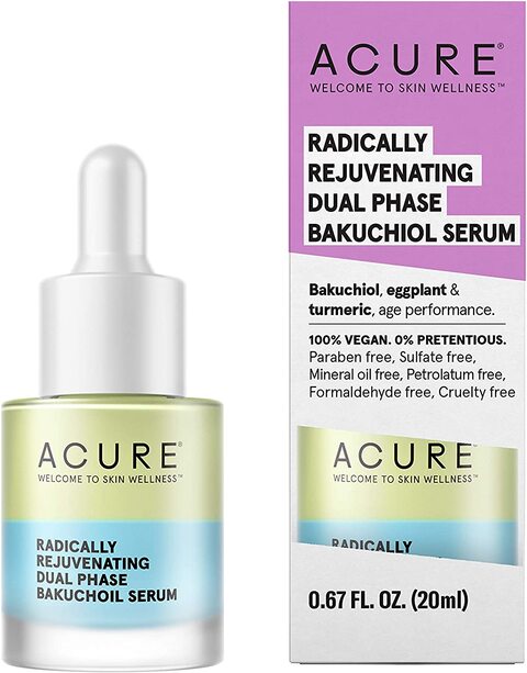 Acure Radically Rejuvenating Dual Phase Bakuchiol Serum, 100% Vegan, Provides Anti-Aging Support, Eggplant & Tumeric, Soothes, Hydrates & Antioxidant Rich, 0.67 Fl Oz,0.00