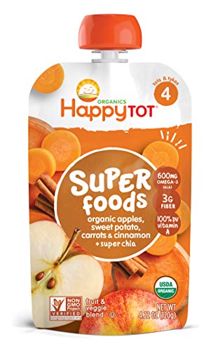 Happy Family Organics Tot Stage 4 Super Foods Pouch - Apples Sweet Potatoes Carrots & Cinnamon + Super Chia, Non-GMO, Gluten Free, 120 gm