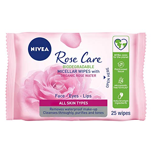 NIVEA Rose Care Micellar Face Cleansing Wipes, Organic Rose Water, All Skin Types, 25 Wipes,0.00