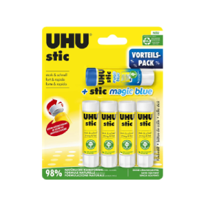 UHU White Glue Stic, 4 x 8.2g + Magic Blue Stic, 5pcs