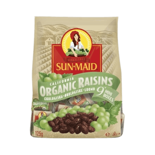 SUNMAID RAISINS ORGANIC SNACK BAG 9'S 125GM,3.25