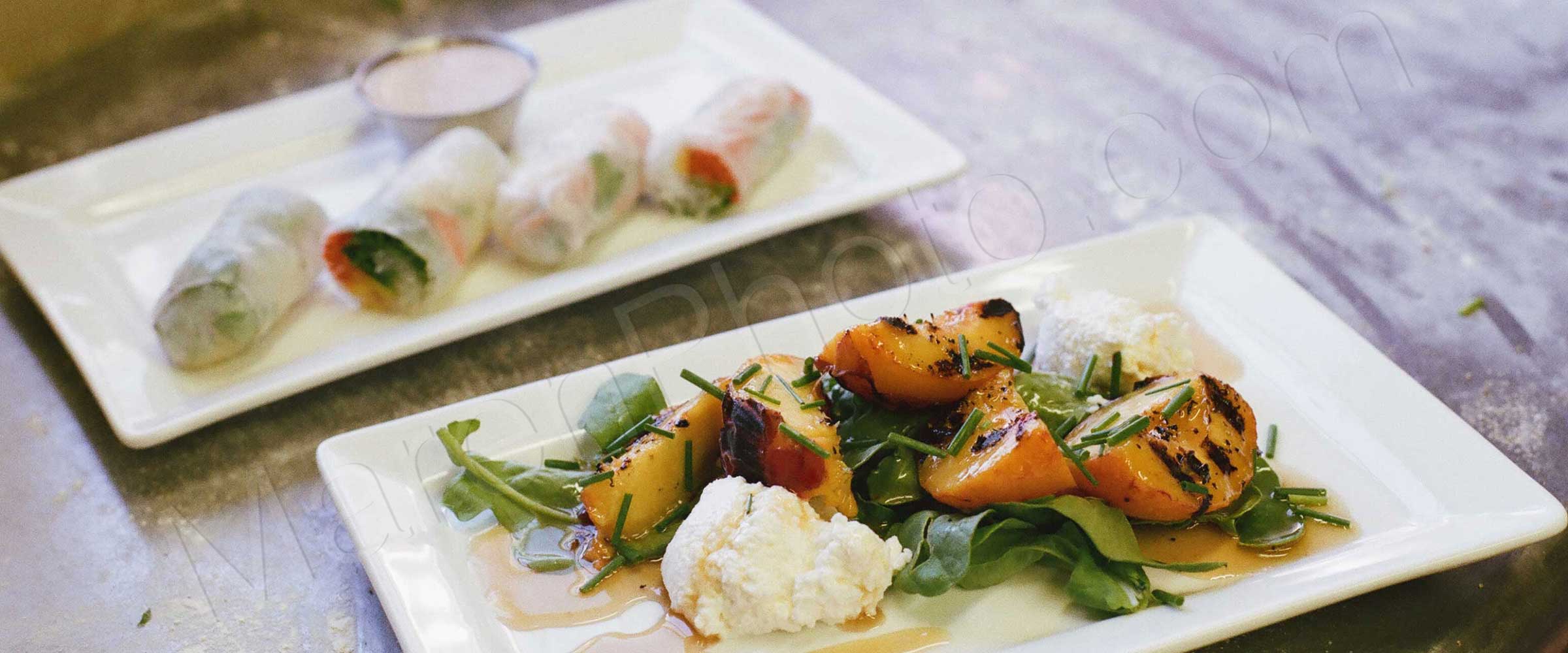 Grilled peaches and fresh spring rolls