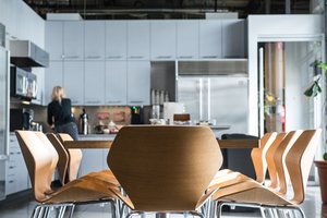 Preview of Light Manufacturing - Image 7: Dining Table, Interior Design, Kitchen, Exposed Structure, Steel, Exposed Duct, Structure Steel, Wood, Daylight, Appliances.