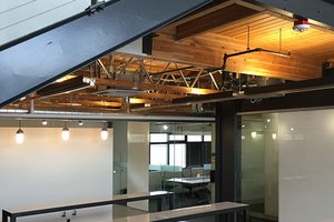 Preview of Tableau - Image 7: Dining Table, Furniture, Table, Lighting, Light Fixture, Indoor, Concrete floor, Structure wood, Exposed duct, Steel stair, Glass interior.