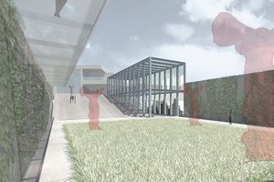 Preview of Tacoma Art Museum Addition - Image 2: modern, contemporary, structure steel, glass facade, grass courtyard, concrete steps, outdoor design, steel beams, open space, minimalist, urban, landscape integration.