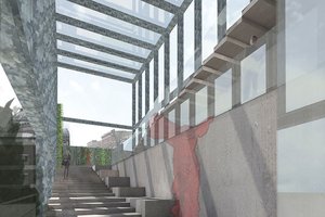 Preview of Tacoma Art Museum Addition - Image 3: stair, glass wall, concrete wall, skylight, modern, urban, industrial, structure steel, interior walkway, natural light, minimalist, contemporary, green building, sustainable, open design, geometric lines.