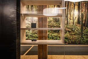 Preview of Undead Labs - Image 23: wood, glass, modern, bathroom, structure wood, concrete floor, minimalist, vanity, mirror, lighting fixture, nature print, transparent surfaces, reflection.