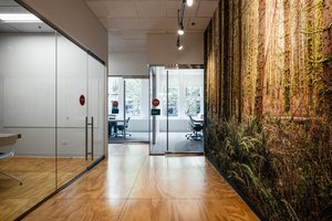 Preview of Undead Labs - Image 11: open floor plan, natural light, glass walls, pivot door, wood flooring, modern lighting, conference area, contemporary, texture, mural, transparency, commercial space, interior design.