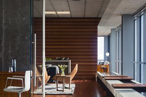 Preview of Zillow Executive Offices - Image 3: Chair, Furniture, Blackboard, Hardwood, Wood, Indoors, Interior Design, Dining Table, Table, Dining Room, Room, wood wall , wood floor, viroc, water feature, bench, lighting.