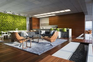 Preview of Zillow Executive Offices - Image 7: Chair, Furniture, Conference Room, Indoors, Meeting Room, Room, Dining Table, Table, Interior Design, wood floor , water feature , green wall , wood wall , lighting , great room, lounge, water feature, bench, green wall, kitchen, concrete counter.