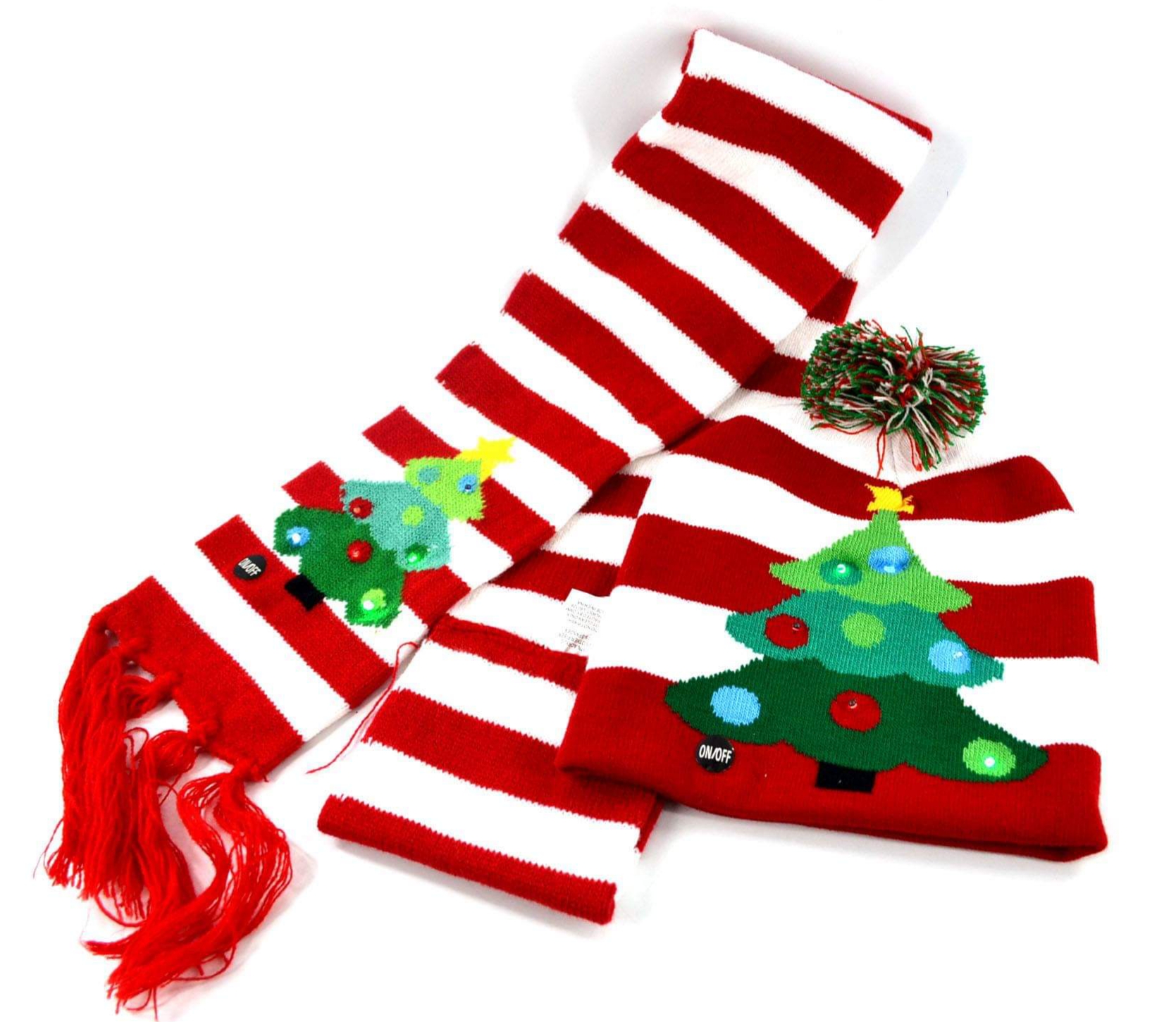 Knitted Christmas Tree Beanie Hat And Scarf Sets With Blinking Led