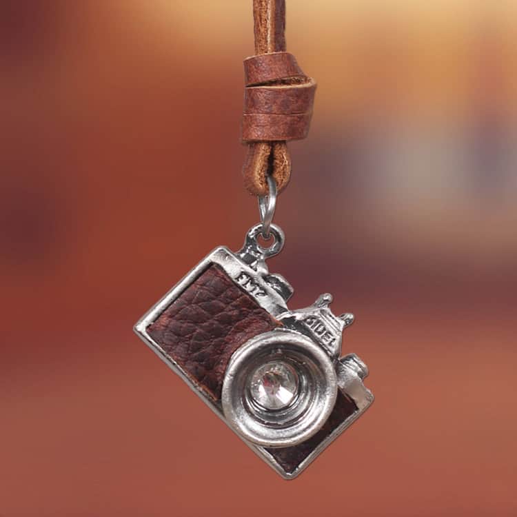 Camera Necklace Brown Leather and Alloy Camera Pendant Adiustable Necklace