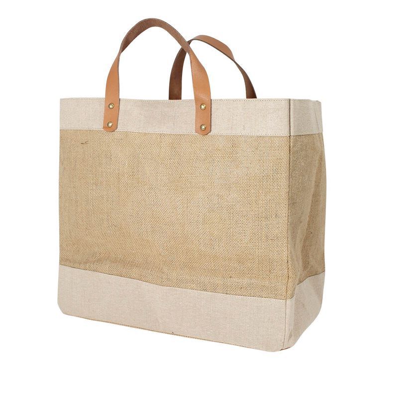 Luxury large jute bag with leather handle