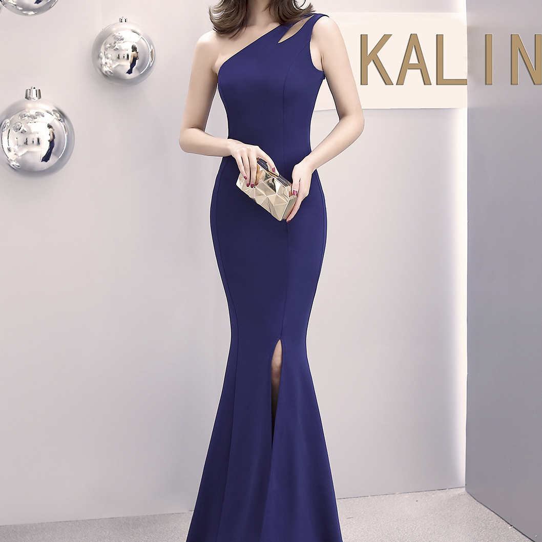 dark blue one shoulder dress