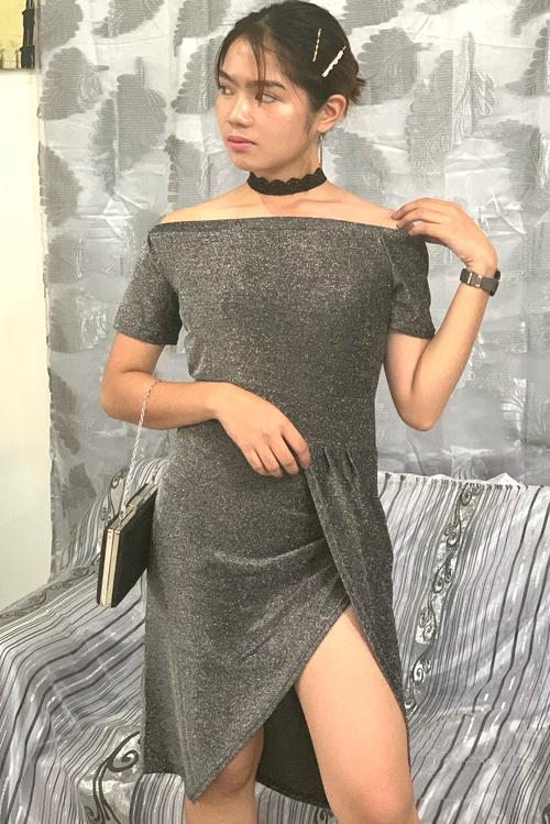 silver glitter midi dress