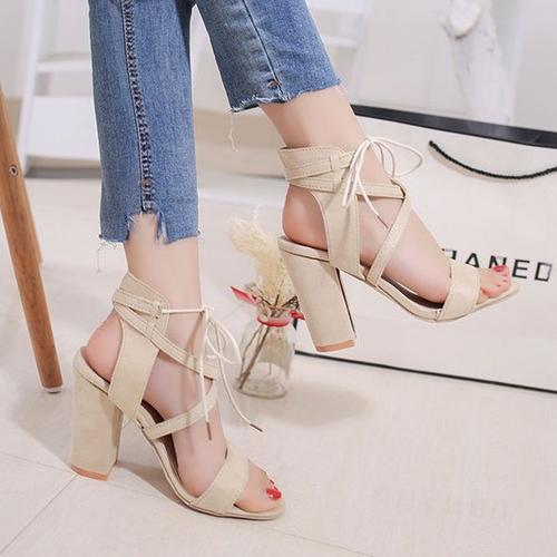 beige strappy block heels