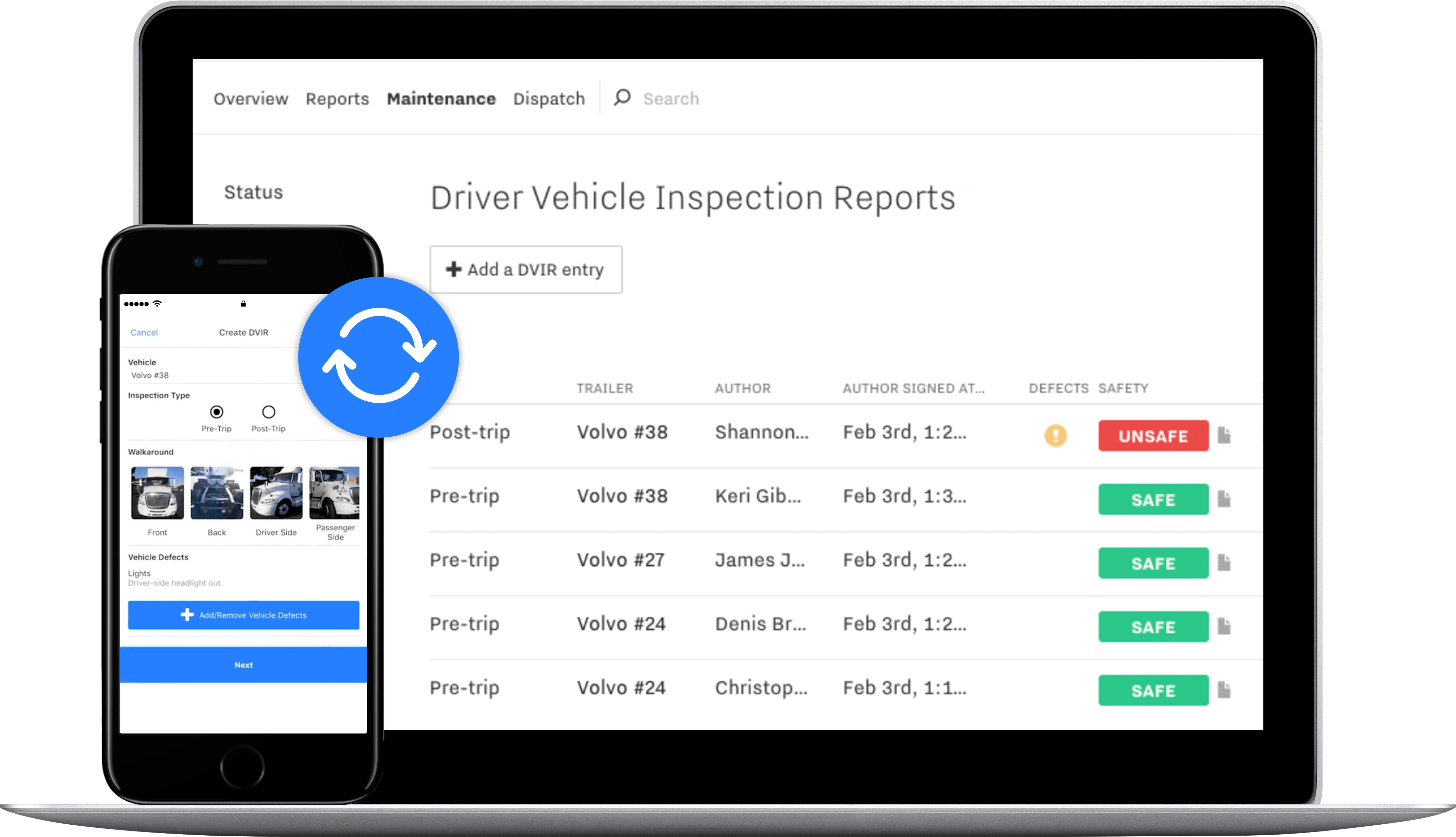 Driver app syncing to the Driver Vehicle Inspection Report on the dashboard.