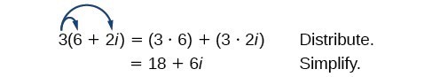 Showing how distribution works for complex numbers. For 3(6+2i), 3 is multiplied to both the real and imaginary parts. So we have (3)(6)+(3)(2i) = 18 + 6i. 