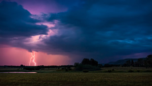 Photo of a landscape in the distance. The horizon is in the bottom third of the image, showing a dark plains landscape with some trees central to the shot. On the left in the sky, lightning forks from pink-tinted clouds; the clouds grow darker and more purple to the left.