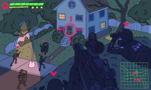 Cartoon rendering of a first-person shooter style image with a target in the middle of the picture.  The target is over a white two-story house, and SWAT members are swarming around the outside of it, at night.