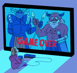 Cartoon image of a young girl sitting in front of a giant TV screen, holding a gaming console.  On the screen is an image of a knight and a monster, overlapping spears, and the phrase "Game Over."