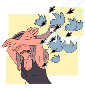 A cartoon drawing of a woman wearing a gaming headset and a black tank top, covering her eyes and head with her arms, as blue birds and mouse arrows dart out of the sky at her.  The birds are similar to the Twitter logo.