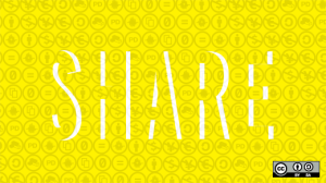 Bright yellow wallpaper background, with symbols used in Creative Commons Licenses repeated in light gray.  Super-imposed are white lines strategically placed to give the impact of the word "Share" without actually taking the shapes of letters.