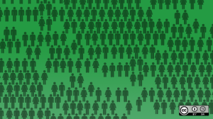 Illustration of men and women silhouettes, like those found on bathroom doors, repeated on a green background.  While they mostly form neat rows, some are out of line and gaps exist, for an overall impression of disorder.