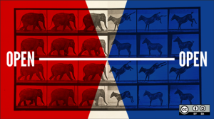 Illustration that features four rows of six images each.  On the left are black and white photos of elephants, facing right; on the right, are black and white images of donkeys, facing left.  A large block of red is superimposed over most of the left; a large block of blue is superimposed over most of the right, leaving triangle-shaped cutouts of uncolored image in the center.  The word "Open" appears on both the left and right side, connected with a white line.