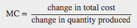 Equation showing that MC=change in total cost divided by the change in quantity produced