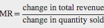 Equation showing that MR=change in total revenue divided by the change in quantity sold