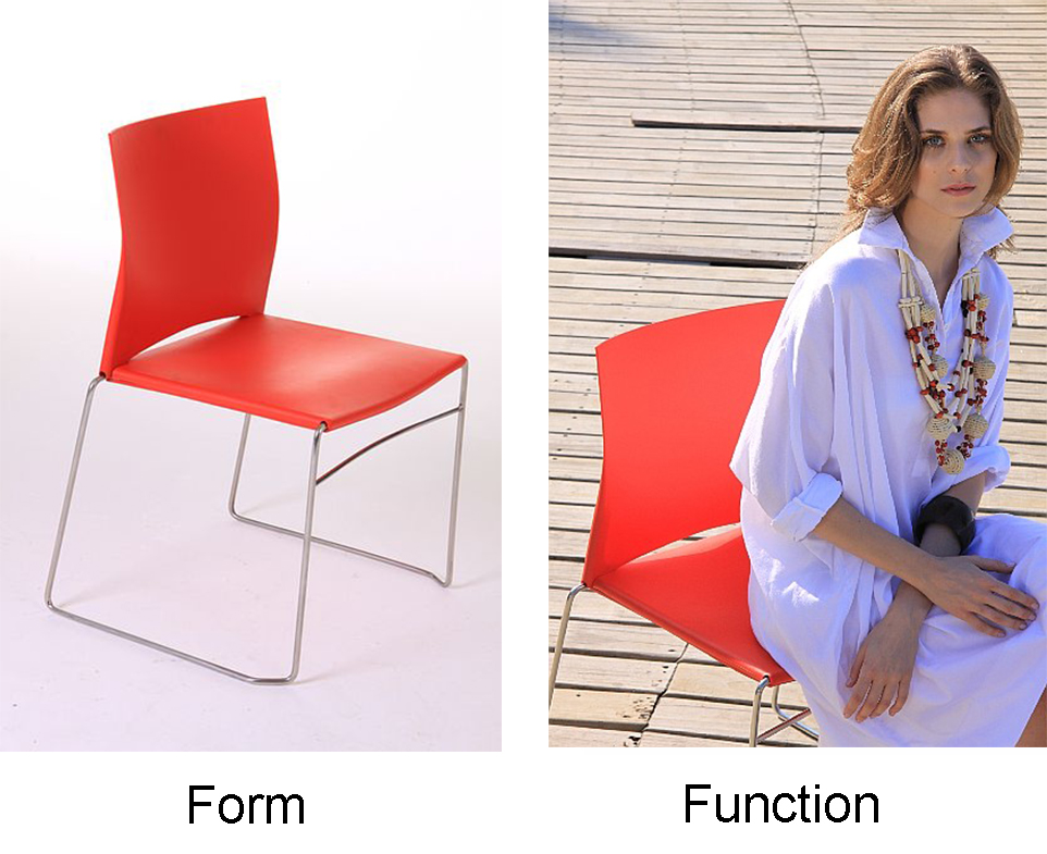 A two part image. The first part is a photo of an empty chair labelled Form. The second part of the image is a photograph of a woman sitting in a chair. This is labelled Function.