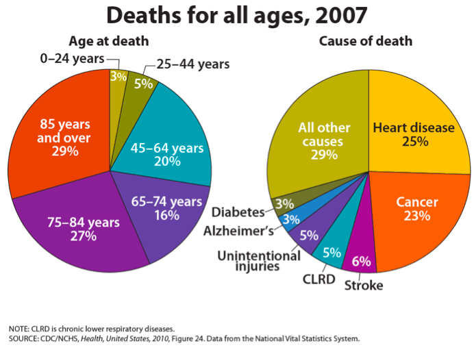 Deaths for all ages in 2007, showing that 29% of all death were for people over the age of 85, 27% were between 75-84, 16% between 65-74, 20% between 45-64, 5% between 25-44, and 3% under 24.