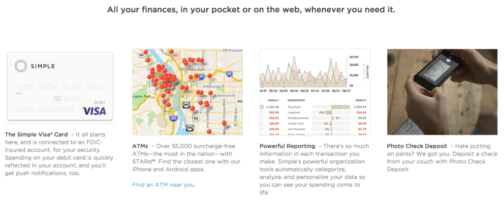 Screen shot of simple.com website showing the convenience of the banking services they offer: the Visa card, ATM access, "powerful reporting," and photo check deposits.