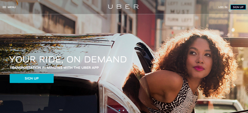 A screenshot of Uber's website. It features a close up photo of a woman stepping out of a car and the words &quot;Your ride, on demand. Transportation in minutes with the Uber app.&quot;